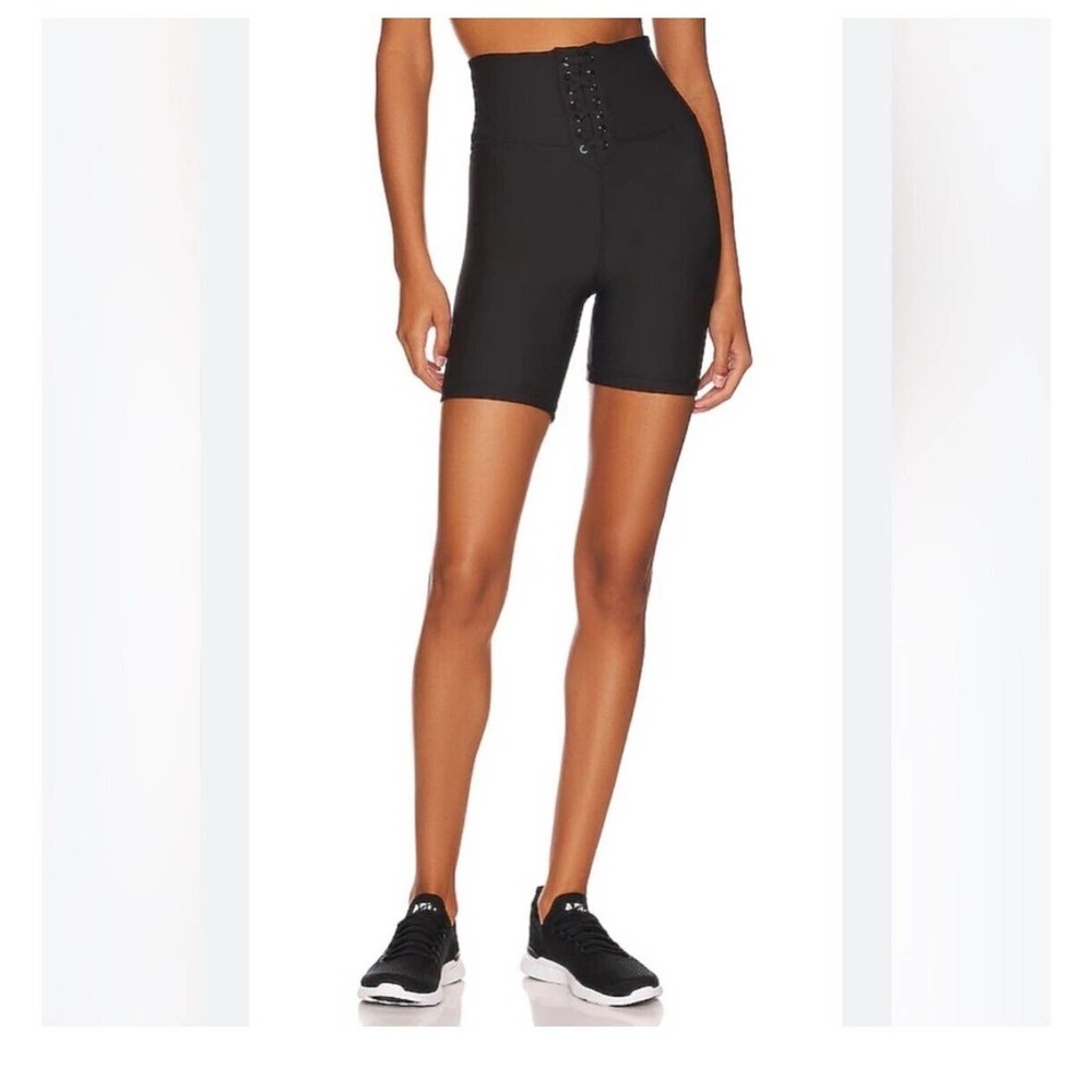 NWT WeWoreWhat Lace Up corset High Rise Biker Short Solid Black Athleisure Sz M